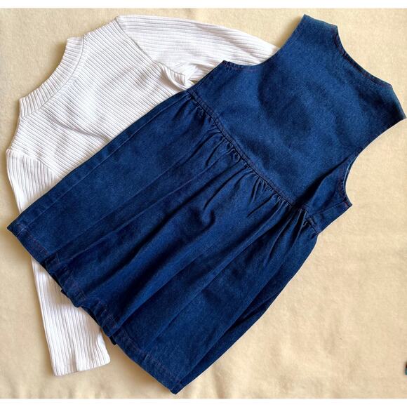 Vintage 90s Piano Kids Fashion Jumper Dress & Shirt Set Girls 8 Denim Floral - Picture 3 of 6